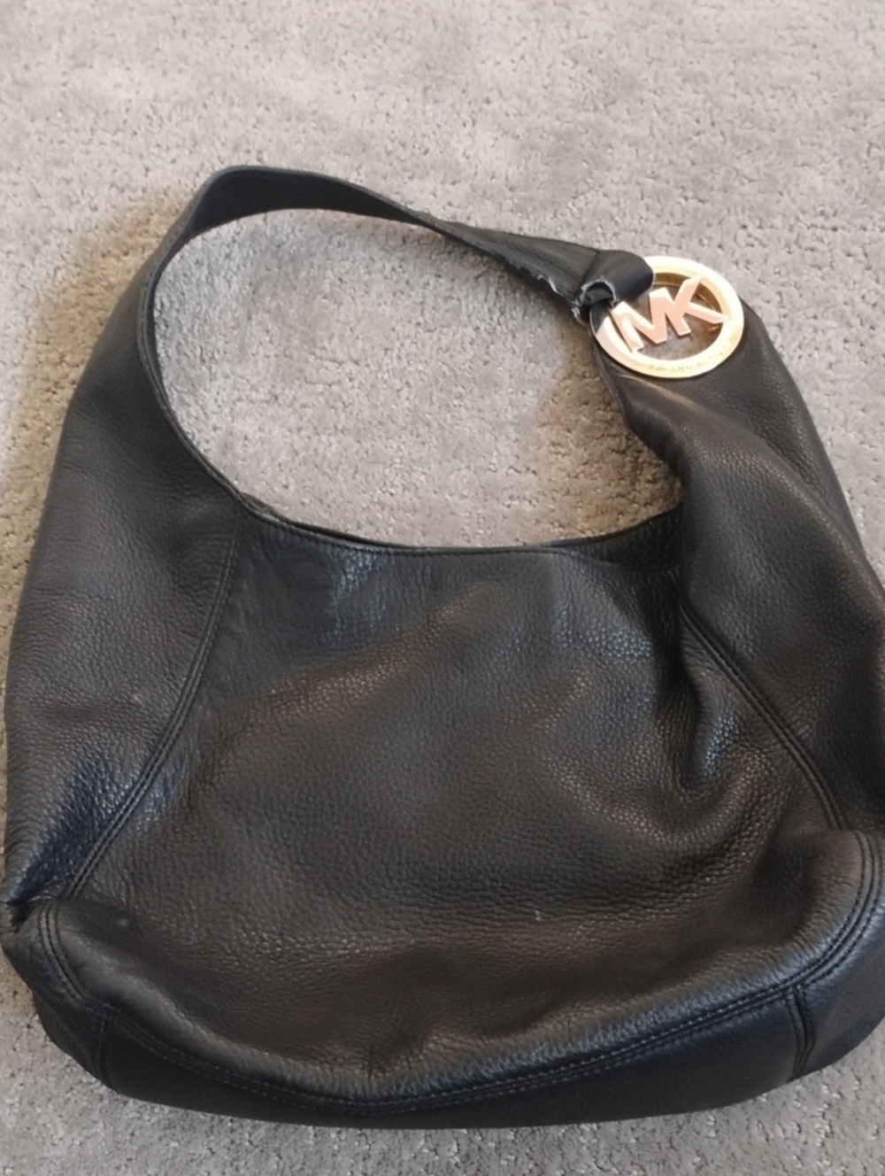 Michael Kors Black Leather Shoulder Hobo with Gold MK Charm